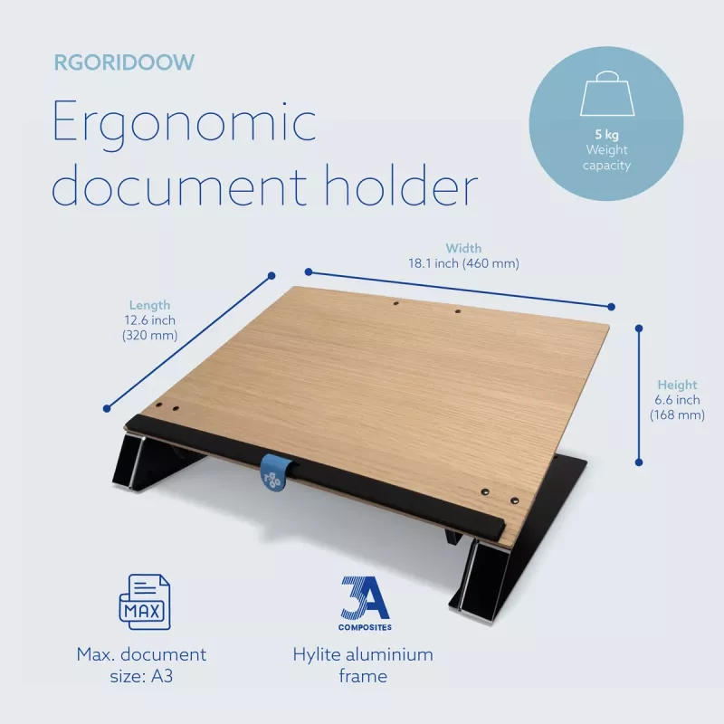 R-Go Tools supporto per documenti R-Go Read2Write, adatto per leggere e scrivere, ergonomico, con poggiapolsi in morbida schiuma, legno di quercia
