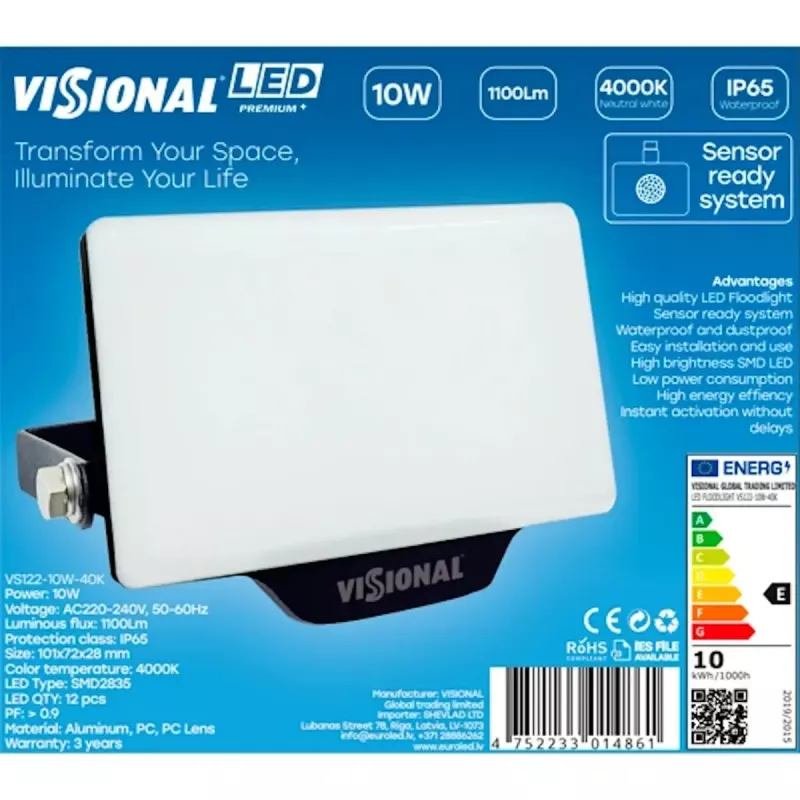 Lampada LED da parete VISIONAL VS122-10W-40K — 10 W, 1100 lm, 4000 K per illuminazione esterna/facciata