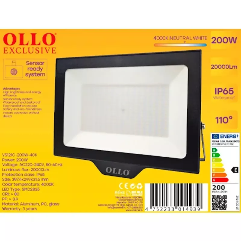 Faro LED da esterno OLLO VS121C-200W-40K — 200 W, 20 000 lm, 4000 K