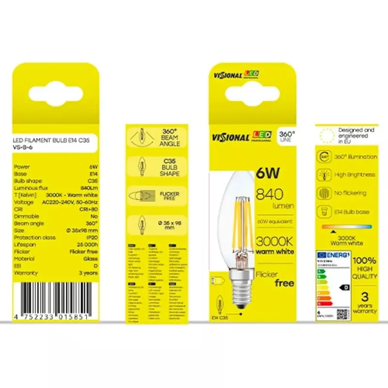 Lampadina LED VISIONAL VS-B-6, 6 W di potenza assorbita, 840 lm di flusso luminoso
