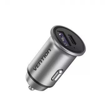 Caricabatterie da auto Vention due porte USB A+C (18/20) grigio mini style in lega di alluminio Type