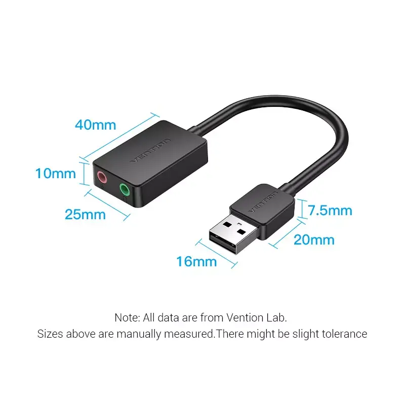 Scheda audio USB esterna Vention 2 porte 0,15 m nero 2.1 canali 16 bit