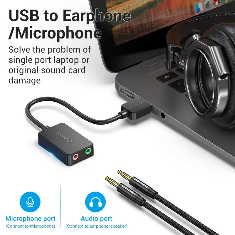 Scheda audio USB esterna Vention 2 porte 0,15 m nero 2.1 canali 16 bit