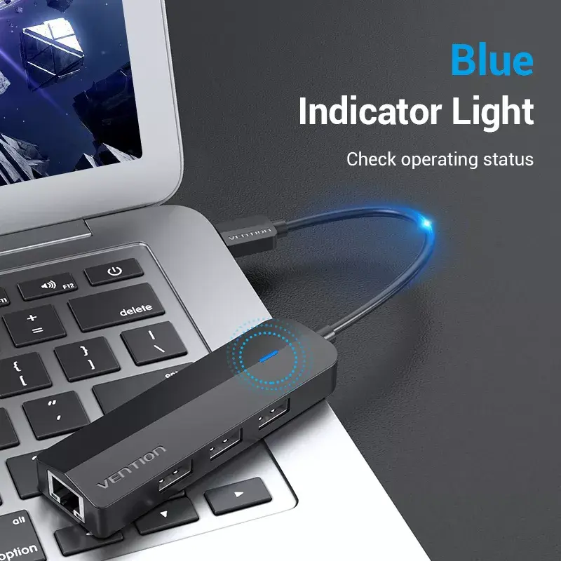 Hub USB 2.0 Vention 3 porte con adattatore Ethernet 100M, host USB 2.0, 4 porte, nero