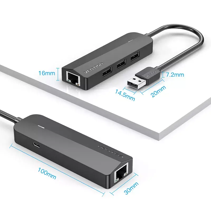 Hub USB 2.0 Vention 3 porte con adattatore Ethernet 100M, host USB 2.0, 4 porte, nero