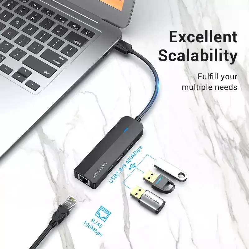 Hub USB 2.0 Vention 3 porte con adattatore Ethernet 100M, host USB 2.0, 4 porte, nero
