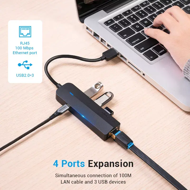 Hub USB 2.0 Vention 3 porte con adattatore Ethernet 100M, host USB 2.0, 4 porte, nero