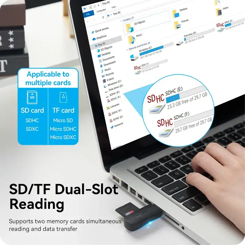 Vention CLGB0 lettore di schede 2 in 1, USB 3.0 A, SD + TF, doppia lettera di unità, nero
