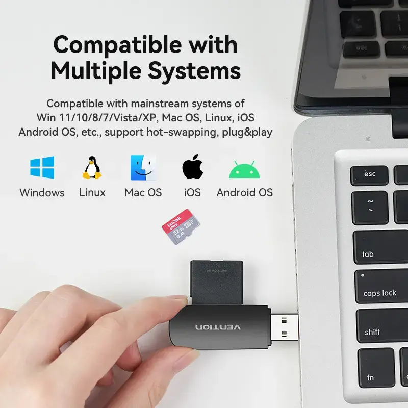 Lettore di schede Vention 2 in 1 USB 3.0 A SD+TF, USB 3.2 Gen 1, 5000 Mbit/s, nero