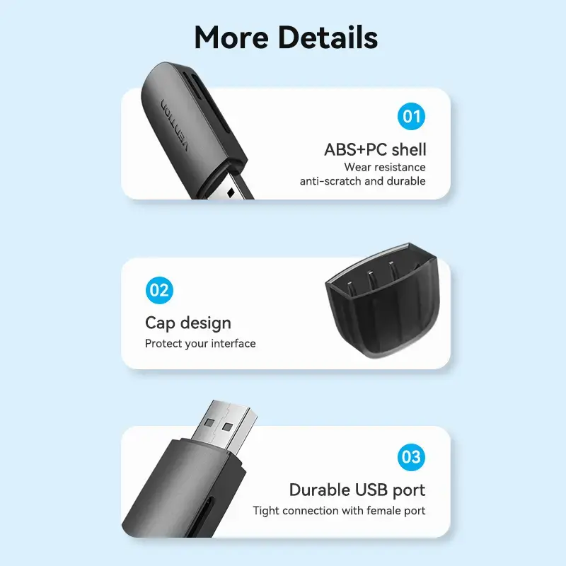 Lettore di schede Vention 2 in 1 USB 3.0 A SD+TF, USB 3.2 Gen 1, 5000 Mbit/s, nero
