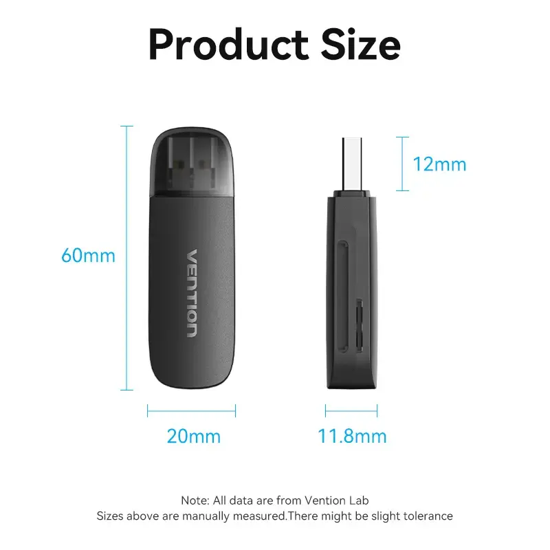 Lettore di schede Vention 2 in 1 USB 3.0 A SD+TF, USB 3.2 Gen 1, 5000 Mbit/s, nero