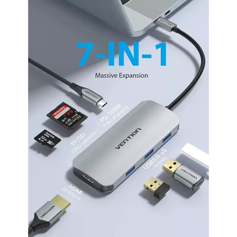 Docking station Vention USB-C a HDMI USB 3.0x3 SD TF PD 100W grigio