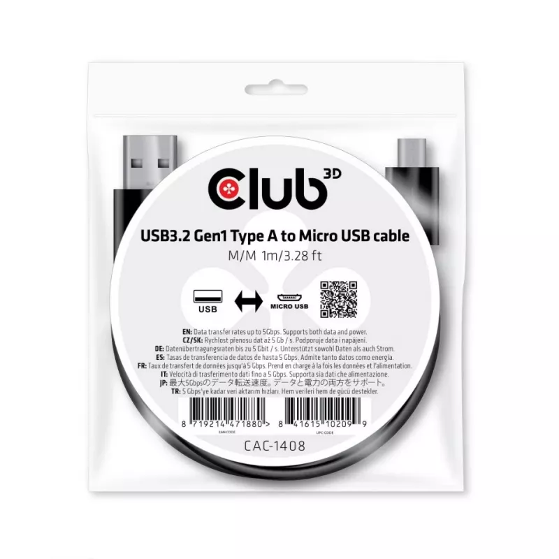Cavo USB 3.2 Gen1 Type-A a Micro-USB M/M 1 m CLUB3D CAC-1408