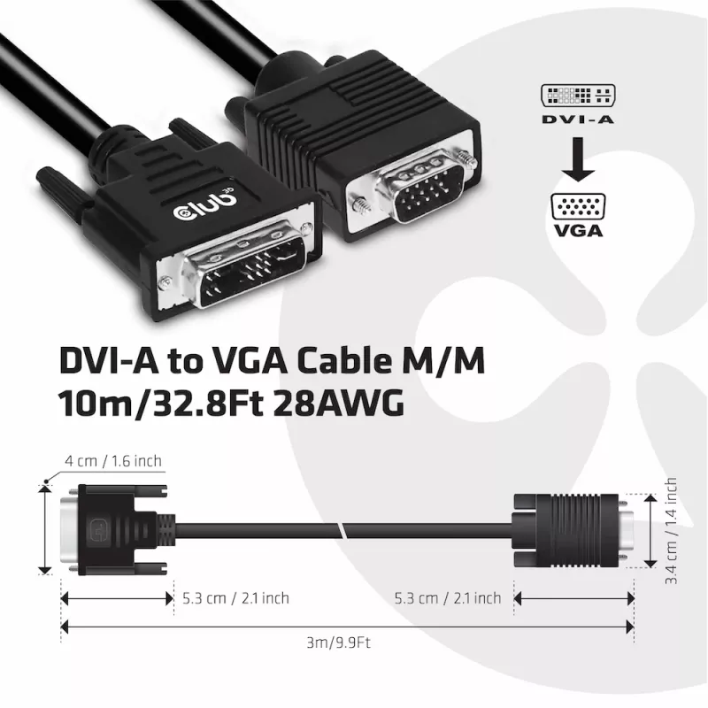 Cavo DVI-A a VGA M/M CLUB3D CAC-1243 3m 28 AWG nero
