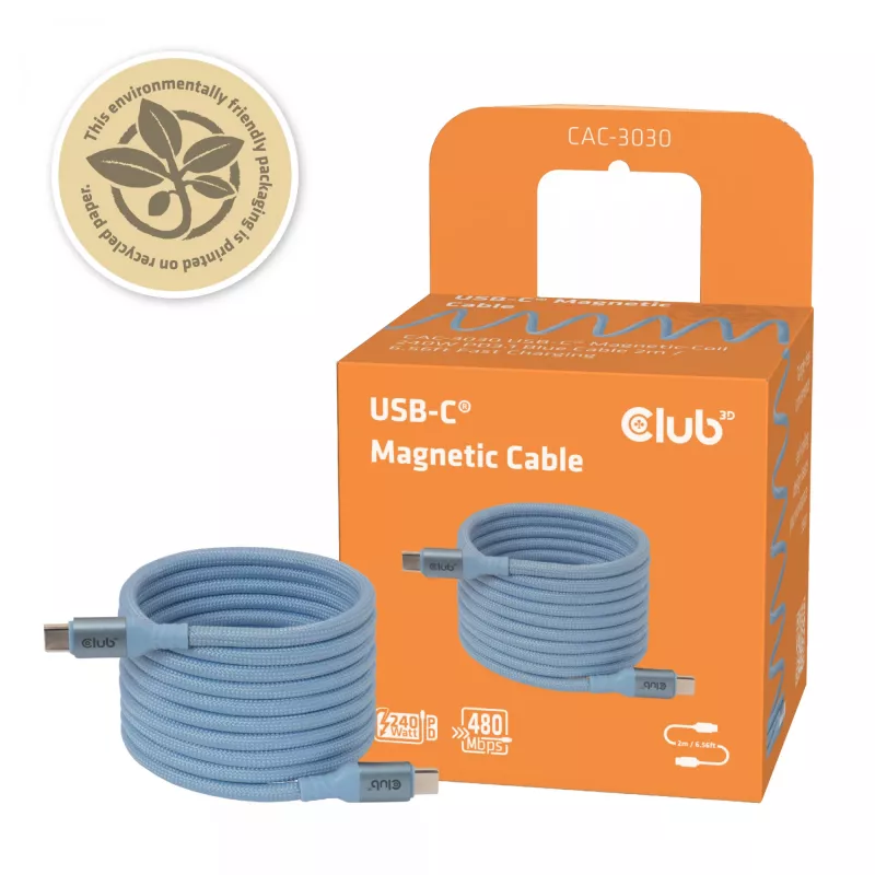 Club 3D CAC-3030 cavo USB-C Magnetic-Coil, 240 W PD3.1, bidirezionale, ricarica rapida, 2 m (6,56 ft), blu
