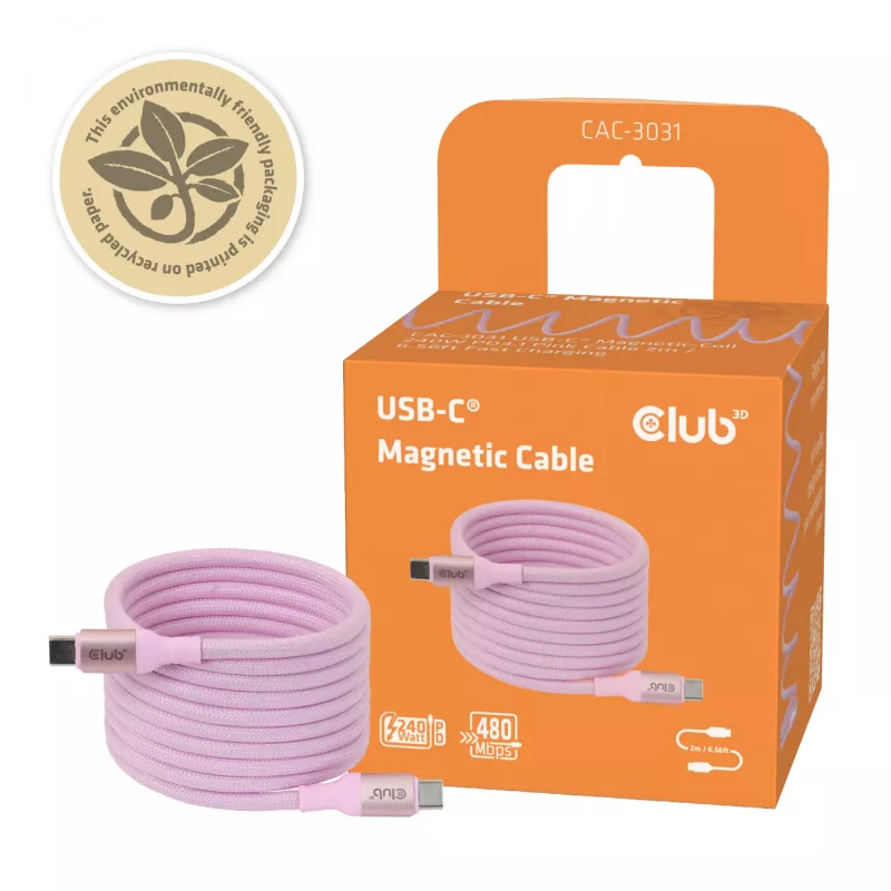Cavo CLUB3D USB-C Magnetic-Coil 240W rosa 2m USB 2.0
