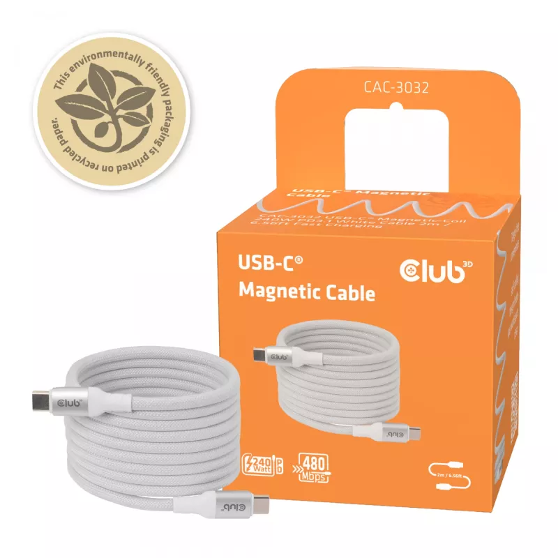 Cavo USB-C Magnetic-Coil Club 3D CAC-3032 — bianco, design a spirale magnetica per ricarica e trasferimento dati