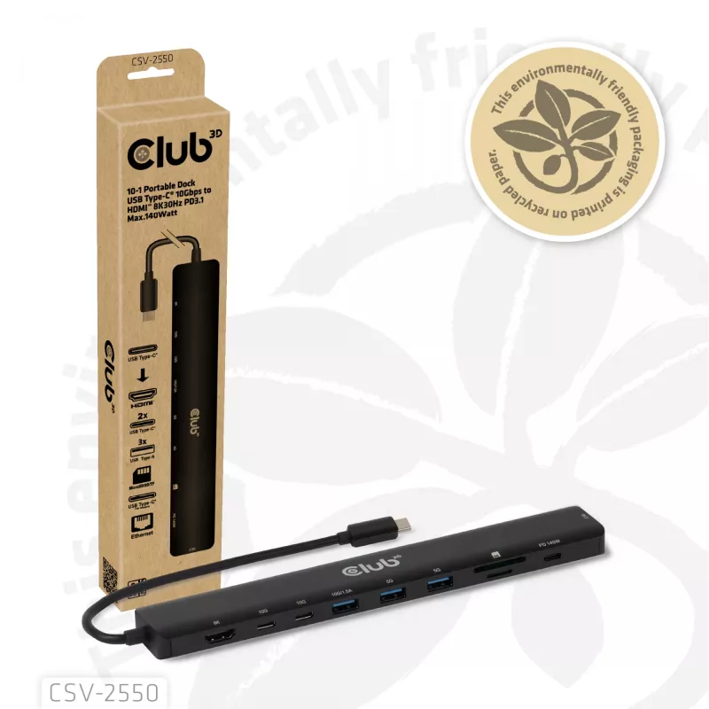 Dock portatile CLUB3D 10-in-1 USB Type-C® 10Gbps a HDMI™ 8K30Hz PD3.1 max. 140 Watt