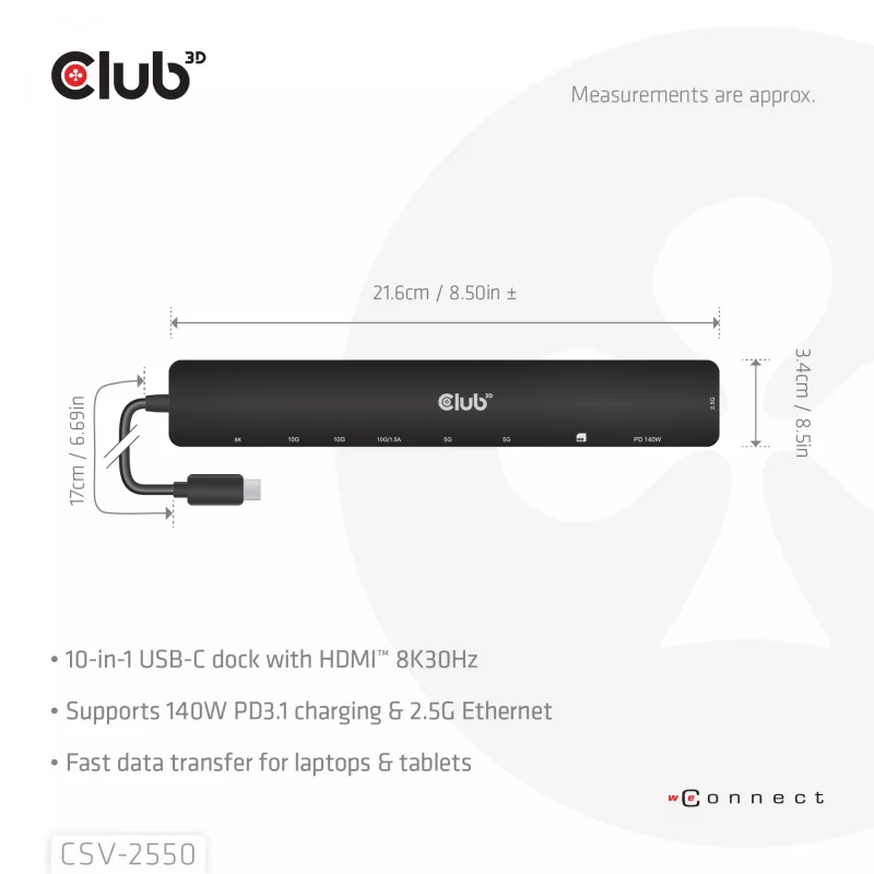 Dock portatile CLUB3D 10-in-1 USB Type-C® 10Gbps a HDMI™ 8K30Hz PD3.1 max. 140 Watt