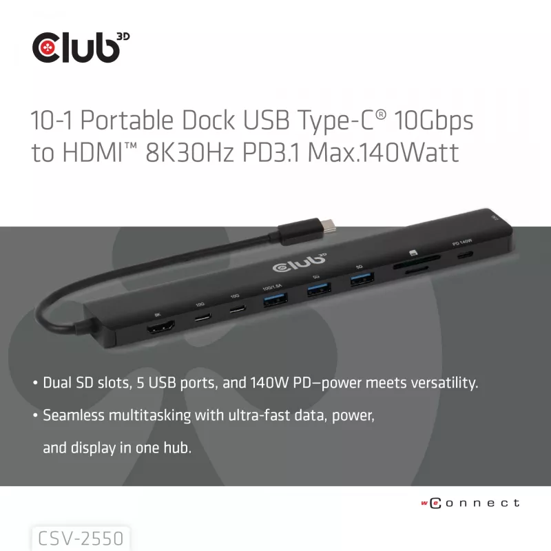 Dock portatile CLUB3D 10-in-1 USB Type-C® 10Gbps a HDMI™ 8K30Hz PD3.1 max. 140 Watt