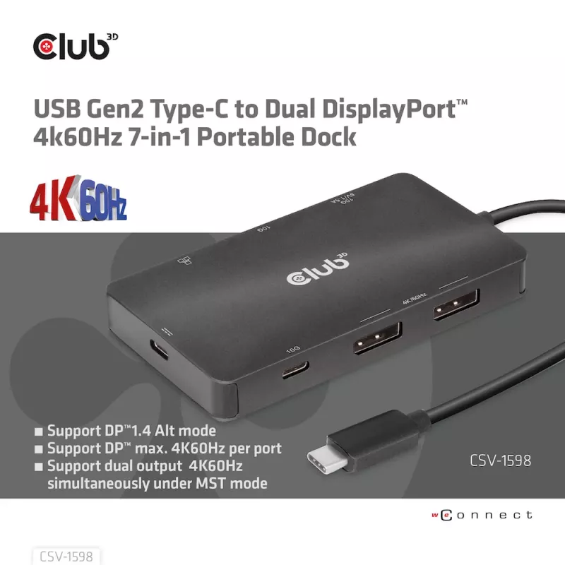 HUB CLUB3D USB Gen2 Type-C a Dual DisplayPort 4k60Hz 7-in-1