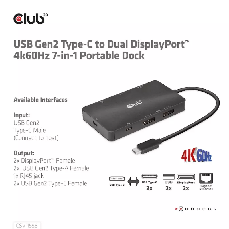 HUB CLUB3D USB Gen2 Type-C a Dual DisplayPort 4k60Hz 7-in-1