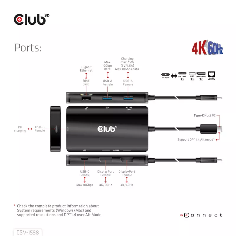HUB CLUB3D USB Gen2 Type-C a Dual DisplayPort 4k60Hz 7-in-1