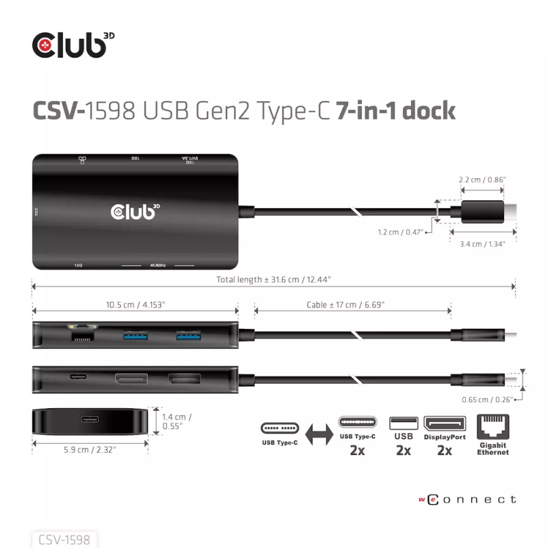 HUB CLUB3D USB Gen2 Type-C a Dual DisplayPort 4k60Hz 7-in-1