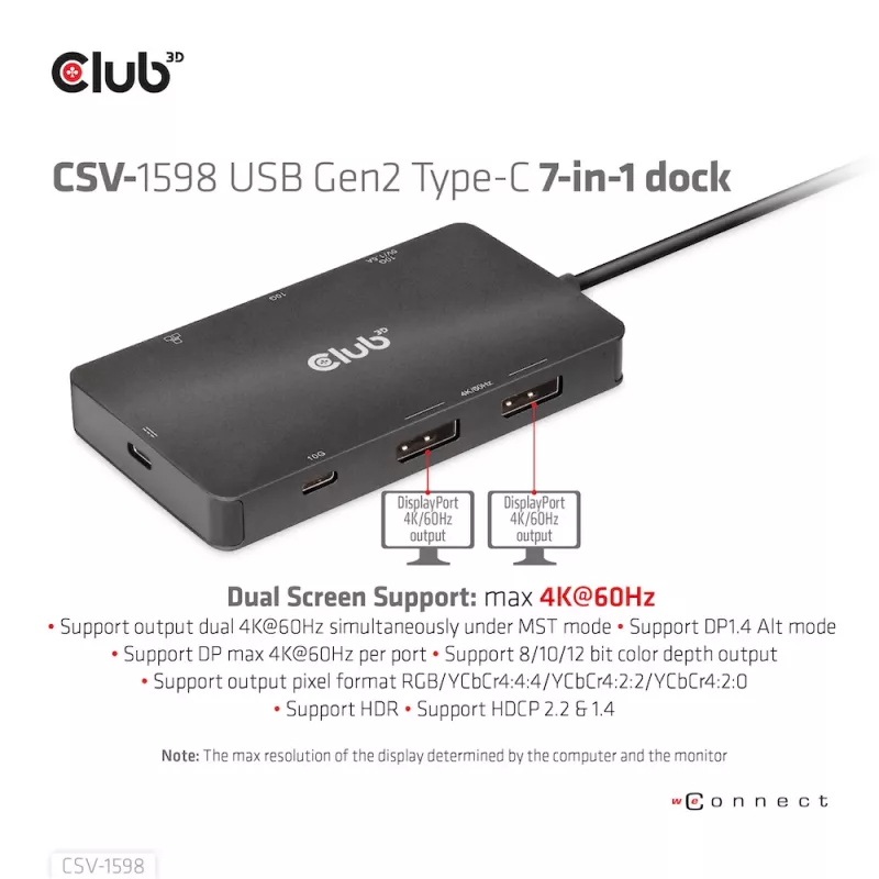 HUB CLUB3D USB Gen2 Type-C a Dual DisplayPort 4k60Hz 7-in-1
