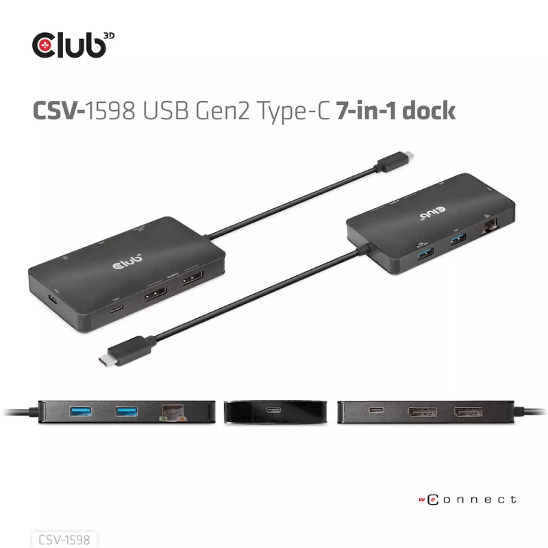 HUB CLUB3D USB Gen2 Type-C a Dual DisplayPort 4k60Hz 7-in-1