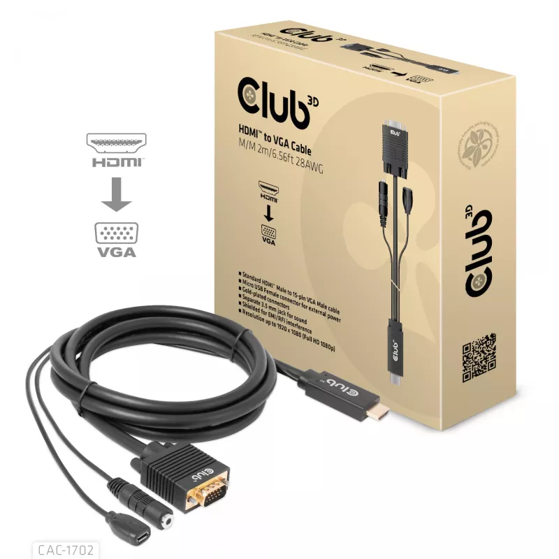Club 3D CAC-1712 cavo da HDMI a VGA M/M con alimentazione Micro-USB e audio da 3,5 mm, 2 m (6,56 ft), 28AWG