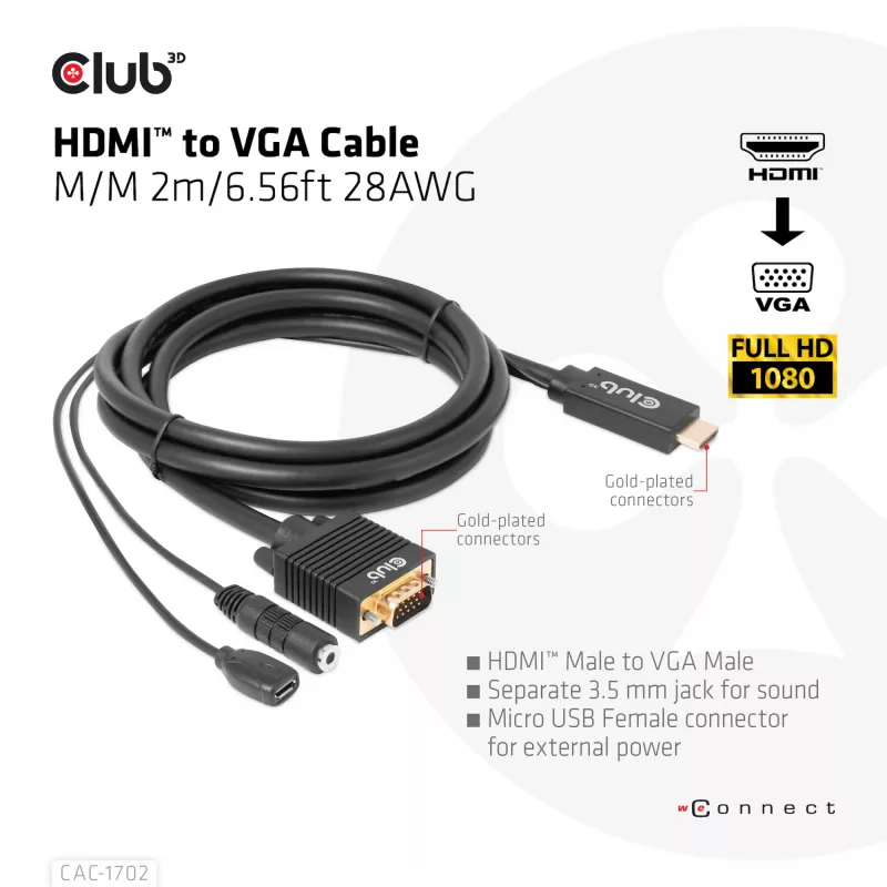 Club 3D CAC-1712 cavo da HDMI a VGA M/M con alimentazione Micro-USB e audio da 3,5 mm, 2 m (6,56 ft), 28AWG