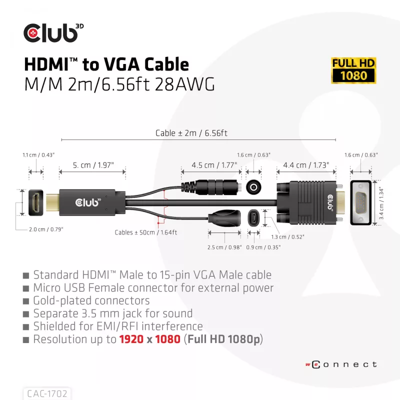 Club 3D CAC-1712 cavo da HDMI a VGA M/M con alimentazione Micro-USB e audio da 3,5 mm, 2 m (6,56 ft), 28AWG
