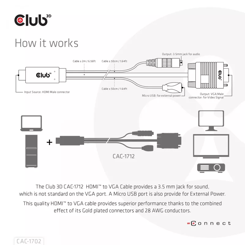 Club 3D CAC-1712 cavo da HDMI a VGA M/M con alimentazione Micro-USB e audio da 3,5 mm, 2 m (6,56 ft), 28AWG