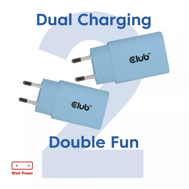 Caricabatterie CLUB3D 2 pezzi USB-C 30 Watt bianco, interno, AC, blu