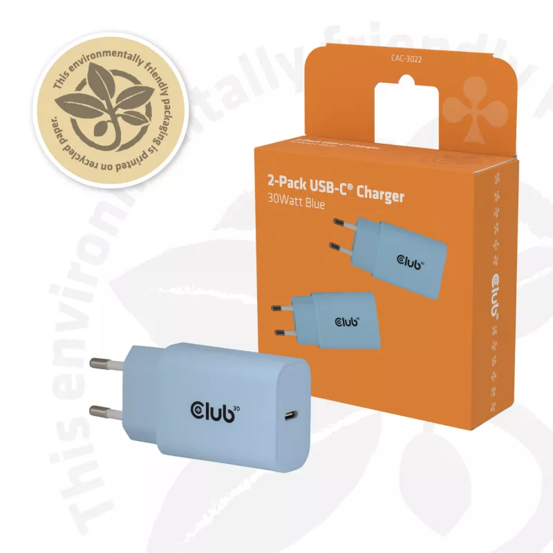 Caricabatterie CLUB3D 2 pezzi USB-C 30 Watt bianco, interno, AC, blu