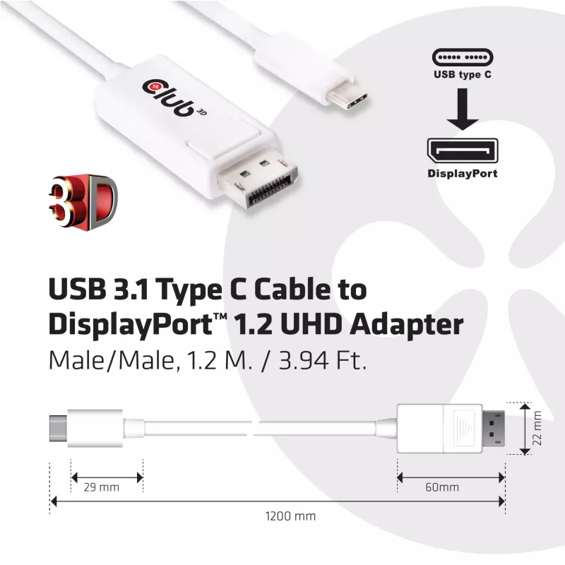 Adattatore CLUB3D cavo USB 3.1 Type-C a DisplayPort 1.2 UHD