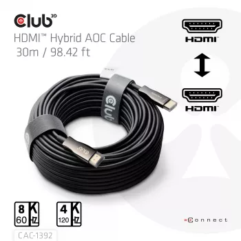 Cavo AOC ibrido CLUB3D HDMI™ 8K60Hz/4K120Hz 30m / 98,42 ft, 30 m, HDMI tipo A (standard), HDMI tipo A (standard), 48 Gbit/s, nero