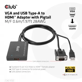 Adattatore CLUB3D VGA e USB Type-A a HDMI con pigtail M/F 0,6m/1,97ft 28AWG