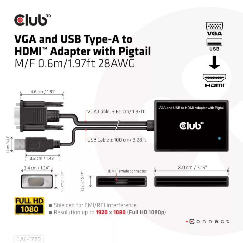 Club 3D CAC-1720 adattatore da VGA e USB Type-A a HDMI con pigtail M/F, 0,6 m (1,97 ft), 28AWG, nero