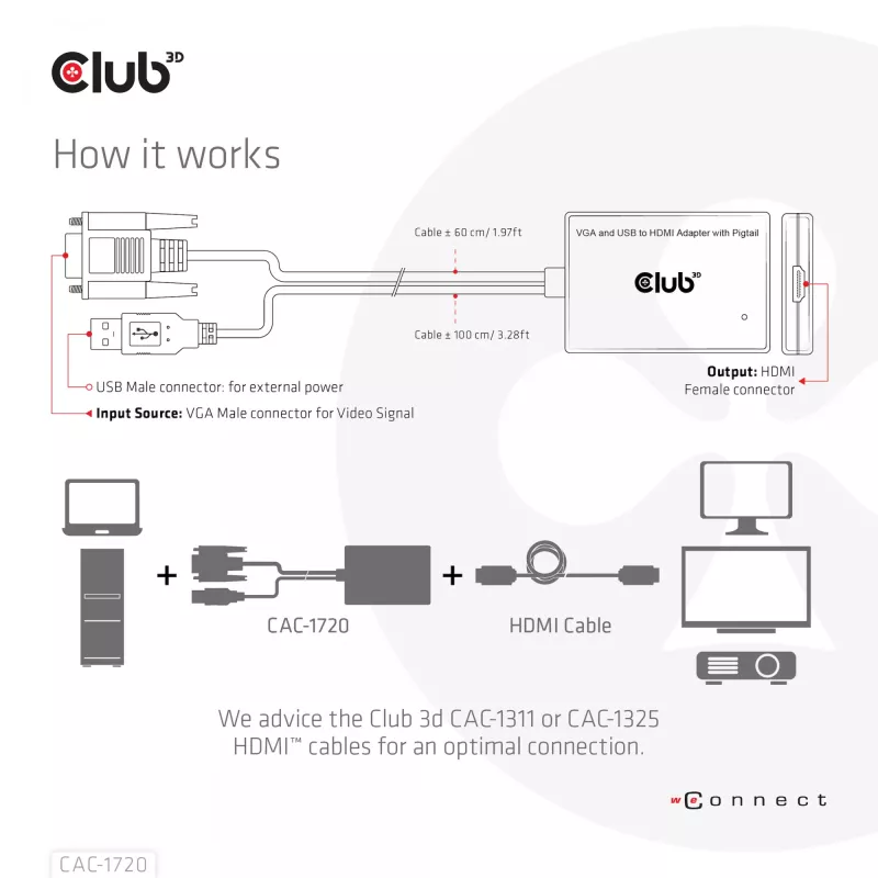 Club 3D CAC-1720 adattatore da VGA e USB Type-A a HDMI con pigtail M/F, 0,6 m (1,97 ft), 28AWG, nero