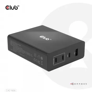 Caricabatterie da viaggio CLUB3D 132W tecnologia GaN, quattro porte USB Type-A e -C, supporto Power Delivery (PD) 3.0
