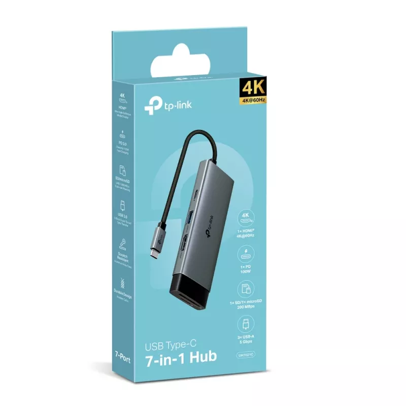 Hub USB Type-C TP-Link UH7021C — HDMI, USB 3.2 Gen1, USB 2.0, SD/microSD, 5000 Mbit/s, alluminio nero