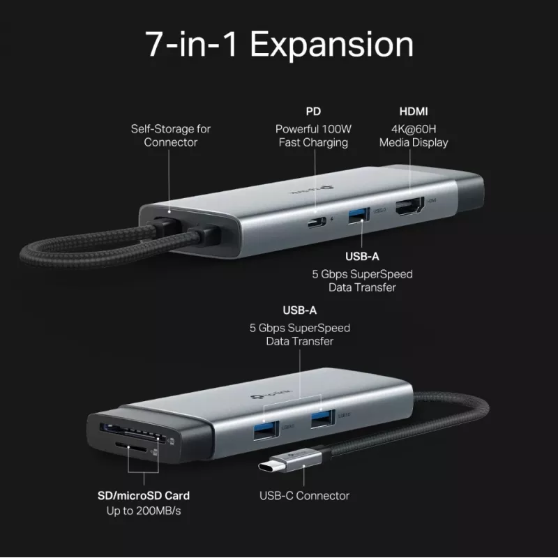 Hub USB Type-C TP-Link UH7021C — HDMI, USB 3.2 Gen1, USB 2.0, SD/microSD, 5000 Mbit/s, alluminio nero