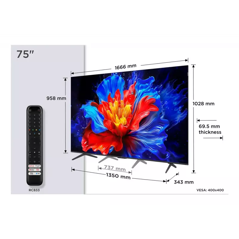 TV TCL P8K 75 inch 4K QLED HDR display 3840 x 2160
