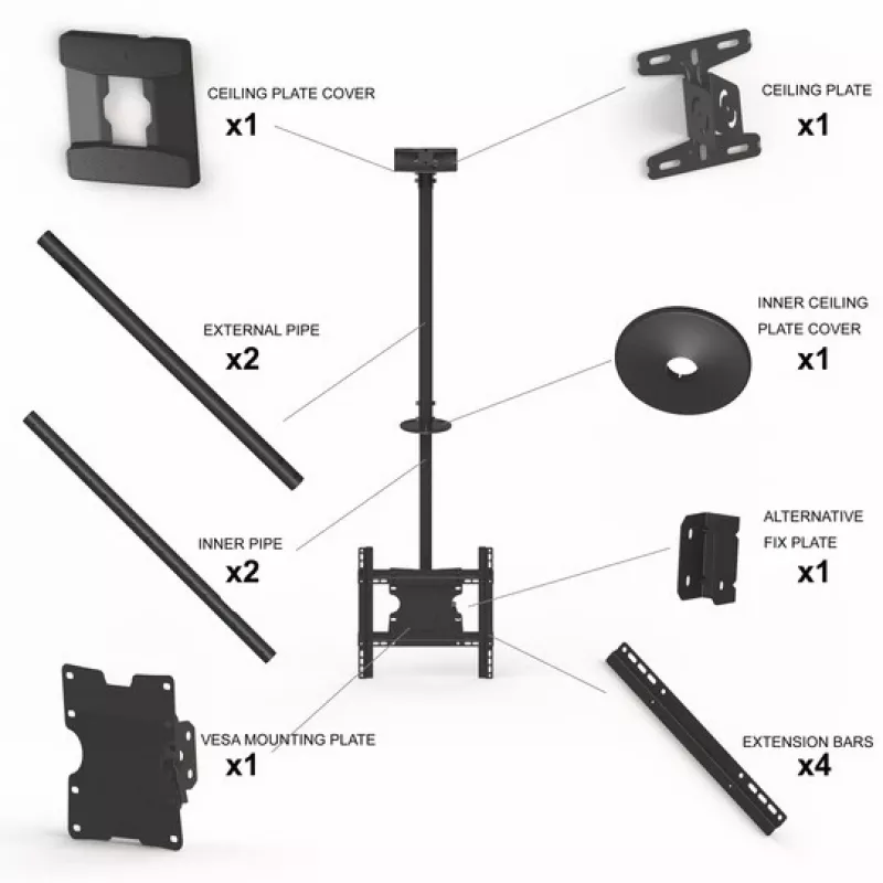 Multibrackets M Public Ceilingmount Medium Single supporto a soffitto, 81,3–116,8 cm (32–46 pollici), max 70 kg, VESA da 100x100 a 400x400, inclinazione da -5 a +15°, nero
