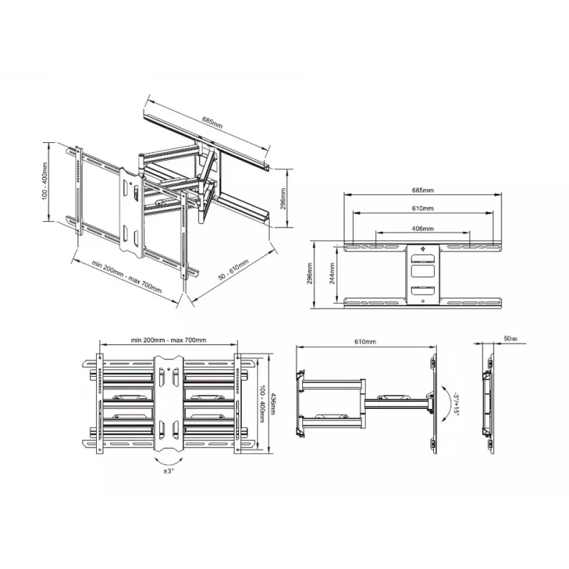 Staffa per palo Multibrackets M Universal Flexarm Pro 60 kg heavy duty nero