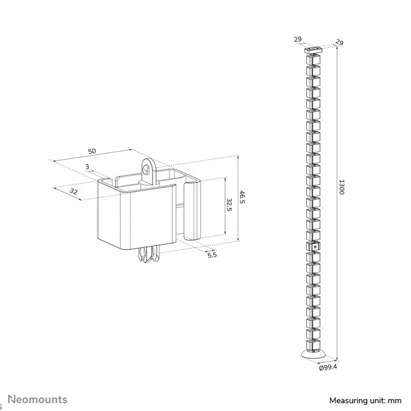 Organizer a colonna per cavi Neomounts ADS06-132BL fissaggio magnetico, nero, gestione cavi a segmenti flessibili