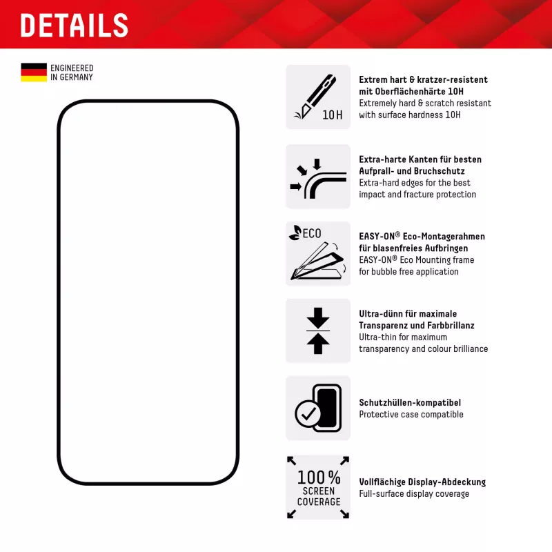 Displex vetro protettivo full cover (10H) per Apple iPhone 15/15 Pro, cornice di montaggio Eco, full cover