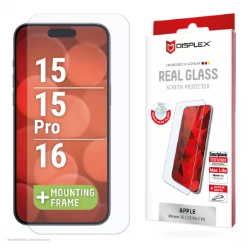 Pellicola protettiva per display Displex (10H) per Apple iPhone 15/15 Pro/16, cornice di montaggio Eco, antigraffio